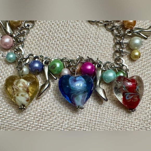 Vintage Silver Charm Bracelet W/Colorful Heart Shaped Murano Style Glass Beads - Picture 3 of 4